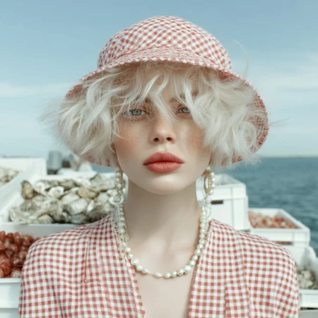 Portrait of a young woman with pale blonde hair wearing a red and white gingham hat, pearl jewelry, and matching blouse, in a coastal setting.