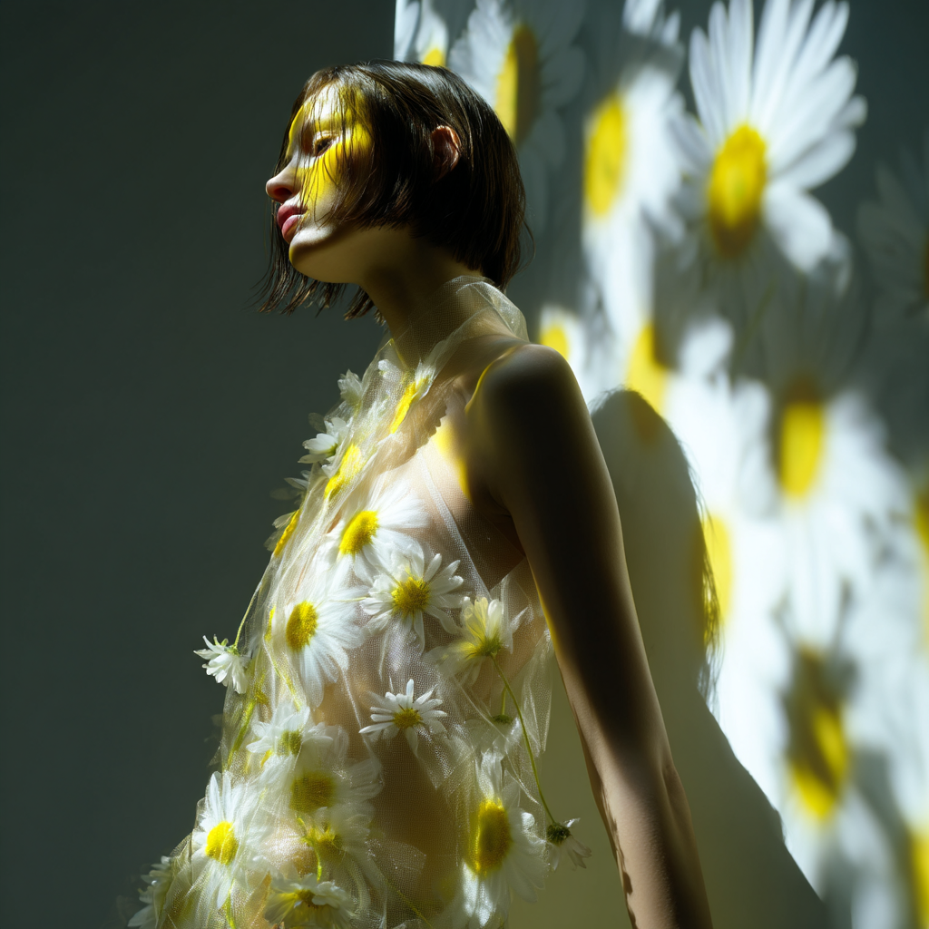 Adult female poses in profile wearing translucent top with daisy appliqués; yellow light casts floral patterns on face and background.