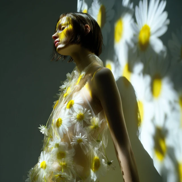 Adult female poses in profile wearing translucent top with daisy appliqués; yellow light casts floral patterns on face and background.