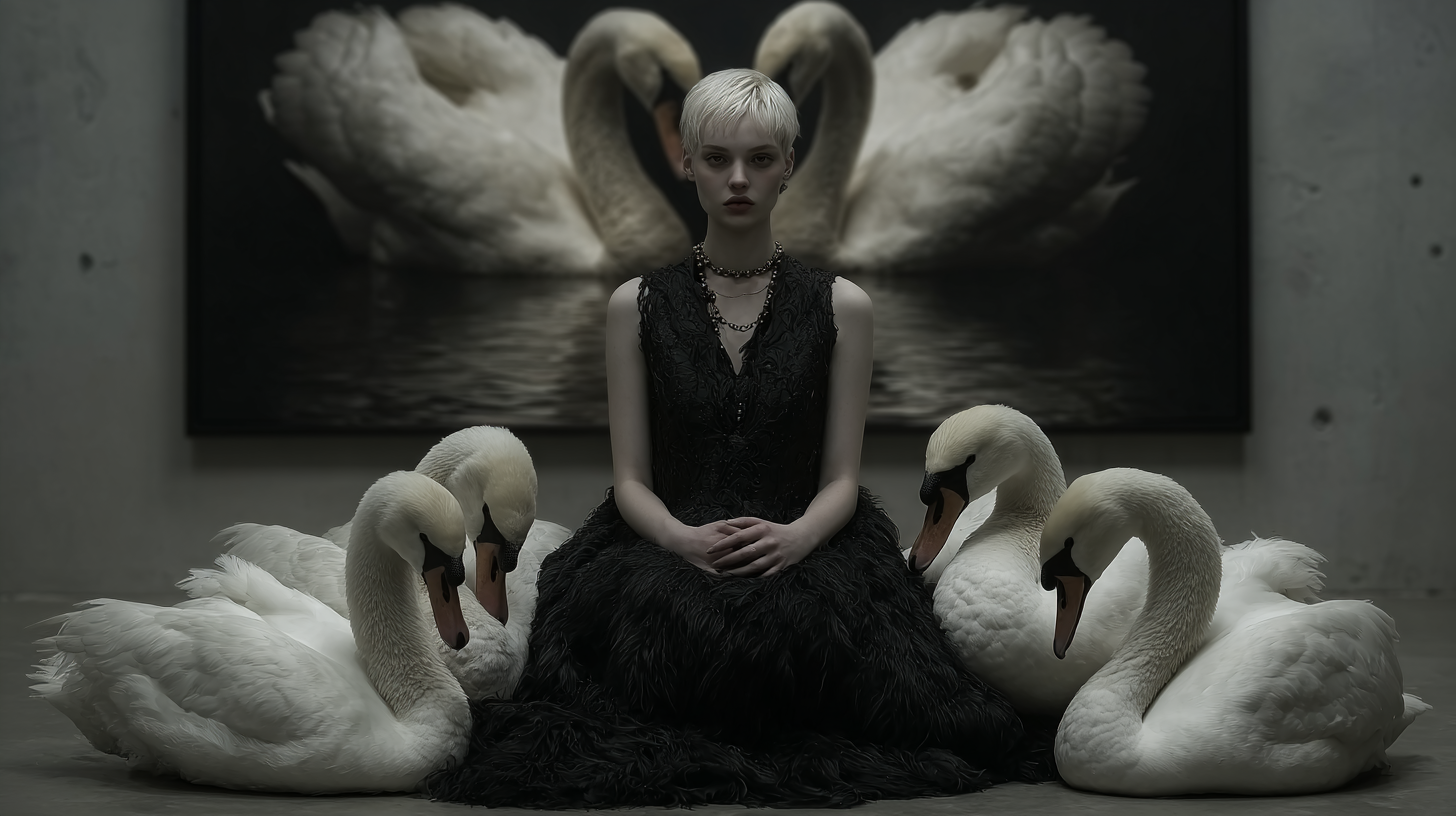 Woman in black dress surrounded by swans, with swan painting backdrop in a dimly lit space, creating a surreal, artistic composition.