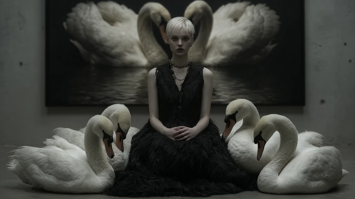 Woman in black dress surrounded by swans, with swan painting backdrop in a dimly lit space, creating a surreal, artistic composition.