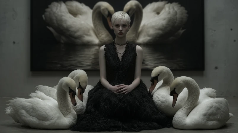 Woman in black dress surrounded by swans, with swan painting backdrop in a dimly lit space, creating a surreal, artistic composition.