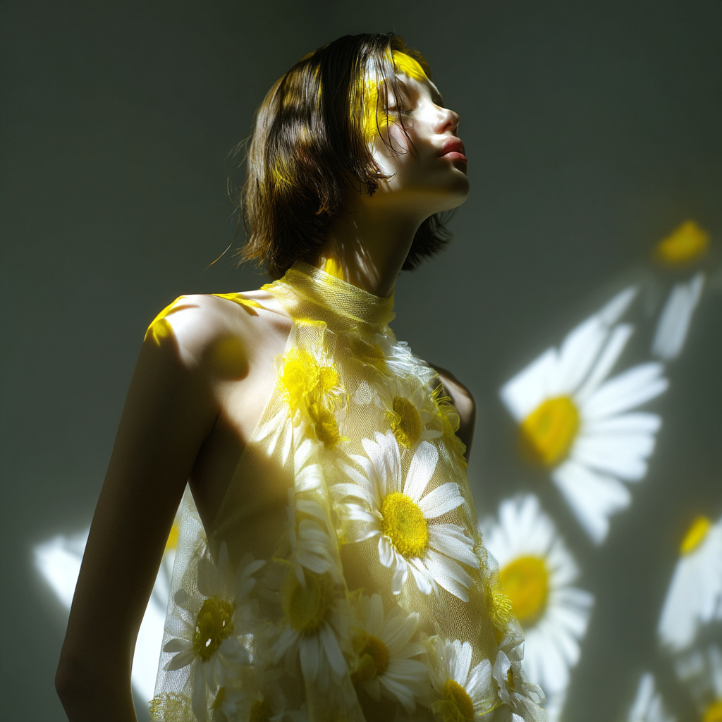 Adult woman wearing a daisy flower dress, standing indoors with patterned shadows, in a beauty and fashion editorial style portrait.