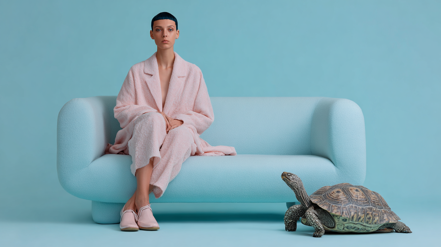A woman in a pink robe sits on a light blue couch next to a tortoise against a matching light blue backdrop in a studio setting.