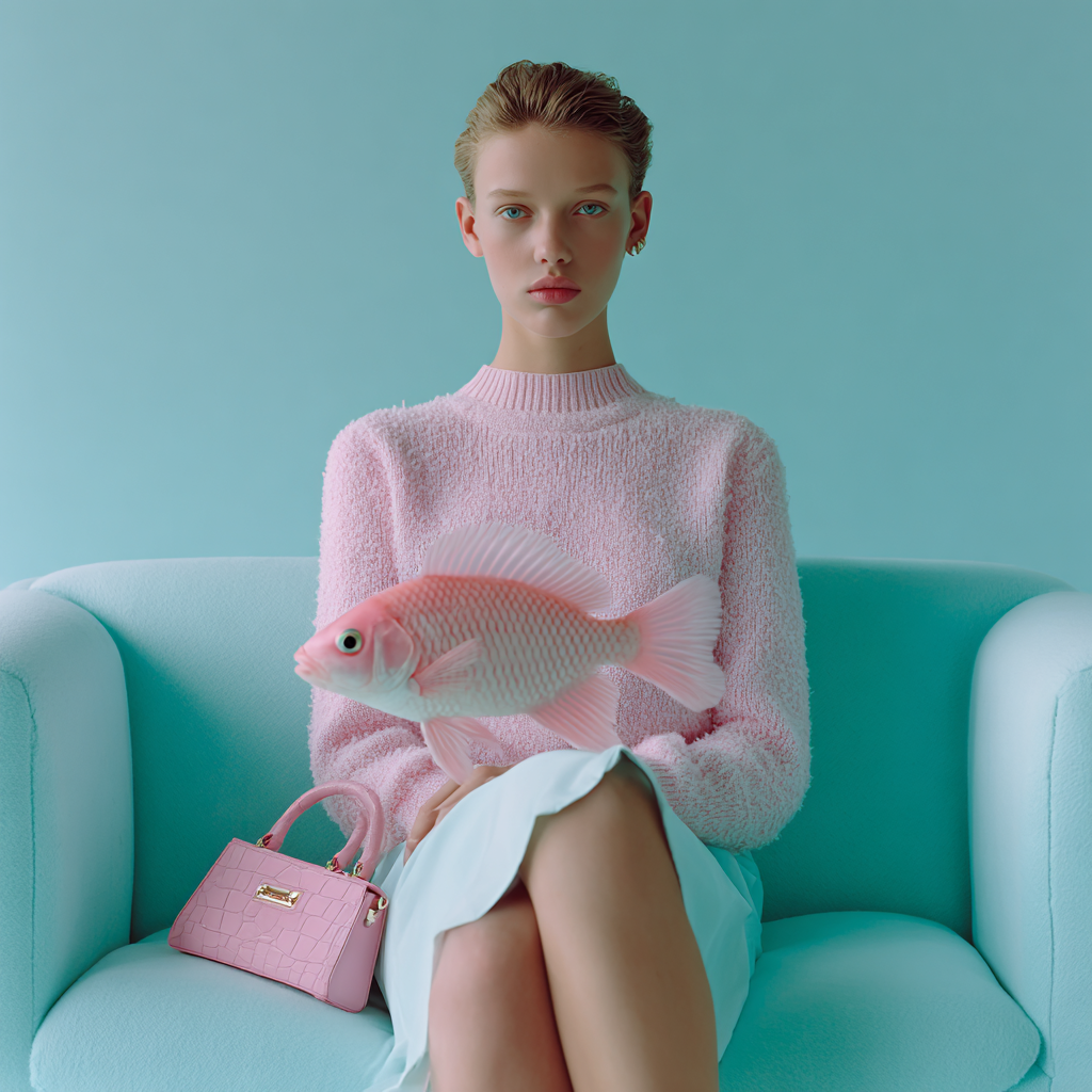 Young woman sits on a light blue couch wearing a pink sweater and light blue skirt while holding a pink fish and purse.