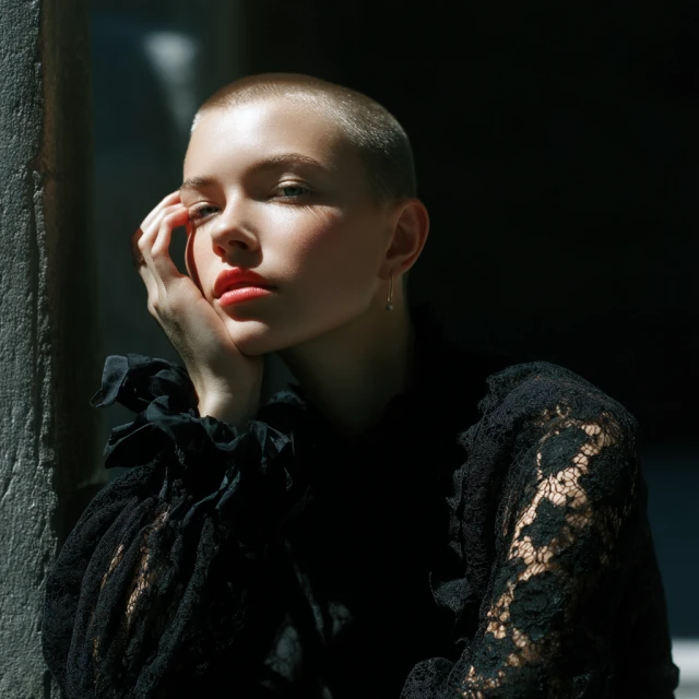 Portrait of a short-haired woman with hand to face, posing in black lace top by a sunlit window in a dark indoor environment.