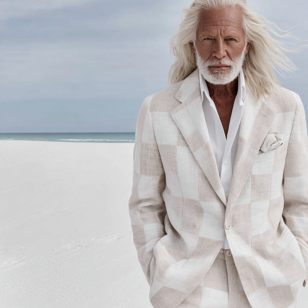 Mature male fashion model with white hair and beard wears a linen suit on a white sandy beach with pale blue water and sky.