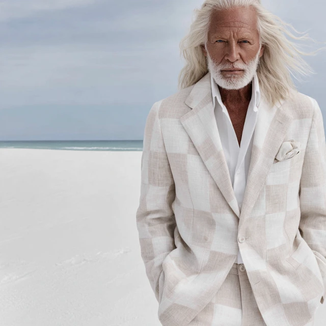 Mature male fashion model with white hair and beard wears a linen suit on a white sandy beach with pale blue water and sky.
