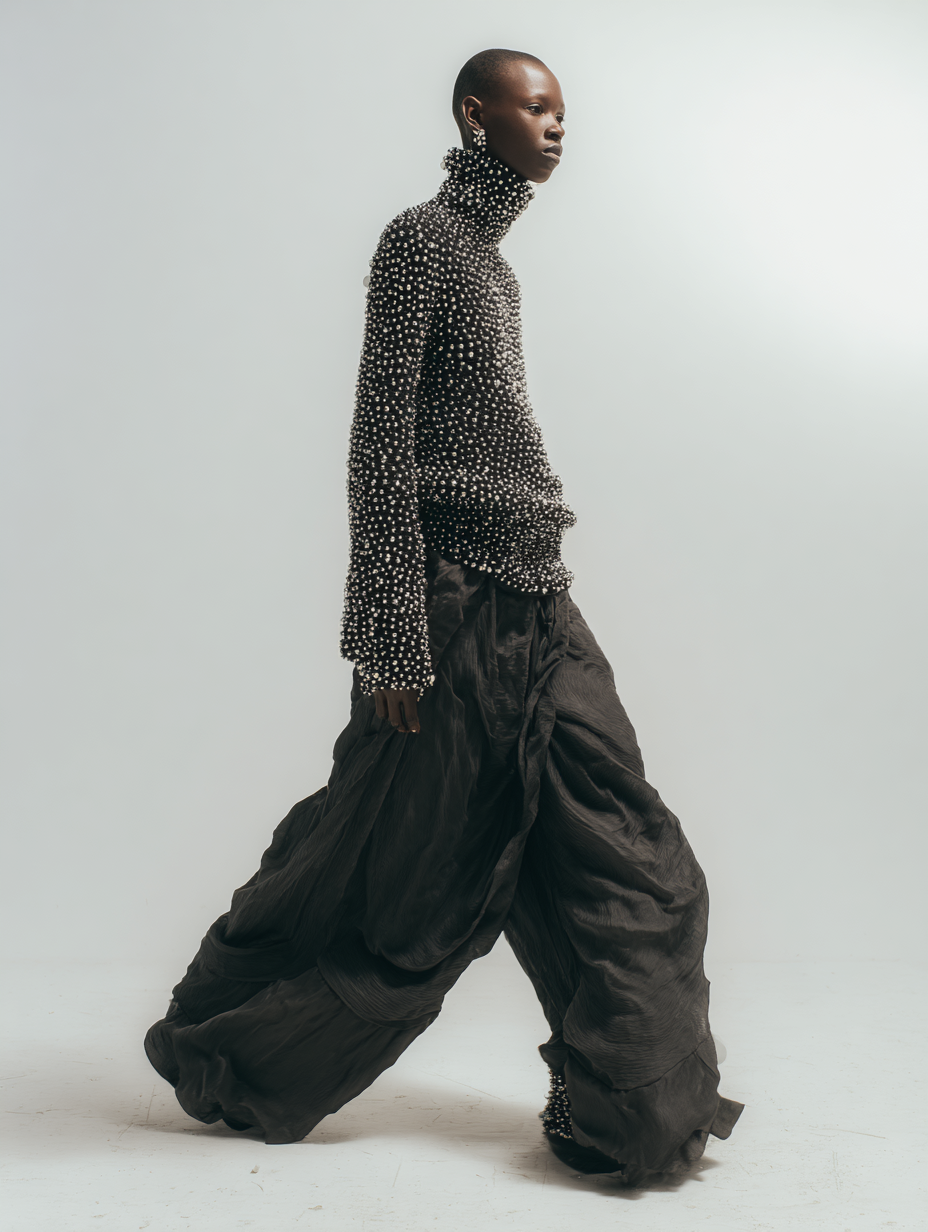 Fashion editorial shot of a Black woman in a beaded turtleneck and draped pants walking in a studio with a white background.
