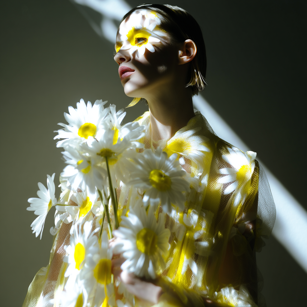 Woman in a yellow dress covered in daisies poses in a studio with shadows falling across her face, creating a striking and floral-themed fashion portrait.