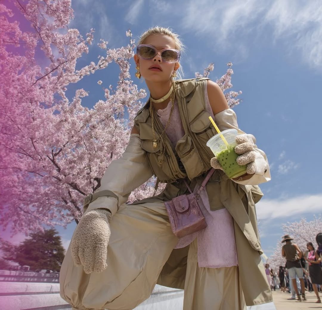 A young adult woman wearing a utility vest, sunglasses, and loose pants holds a green drink in front of cherry blossoms on a sunny day.