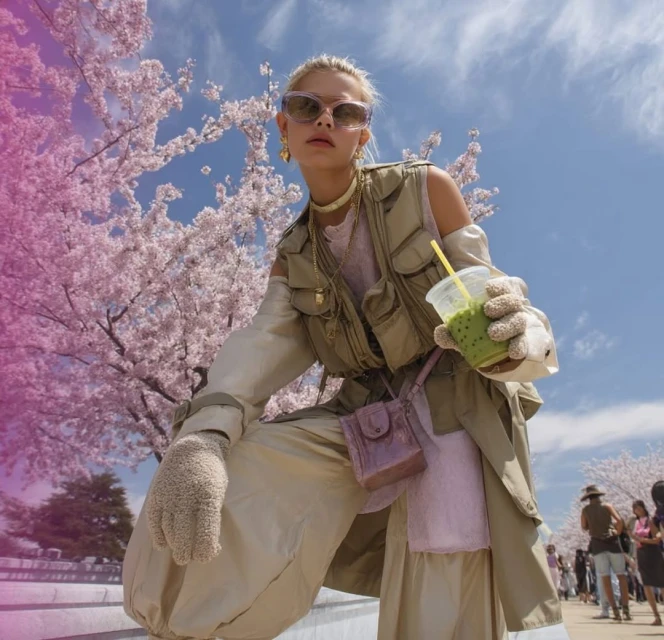 A young adult woman wearing a utility vest, sunglasses, and loose pants holds a green drink in front of cherry blossoms on a sunny day.