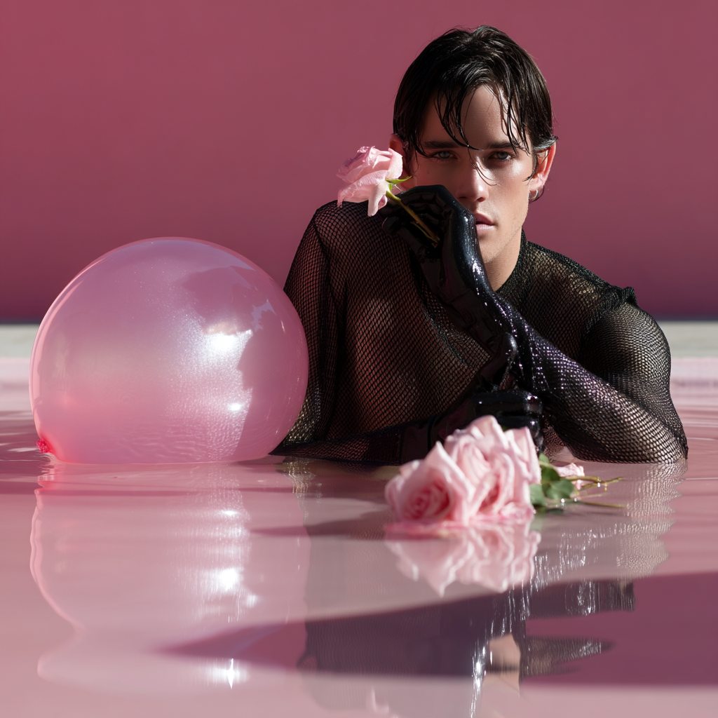 Young man in pink water with pink rose and balloon, wearing a fishnet top and gloves. Soft lighting, pale pink background.