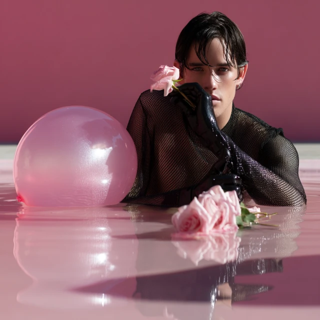 Young man in pink water with pink rose and balloon, wearing a fishnet top and gloves. Soft lighting, pale pink background.