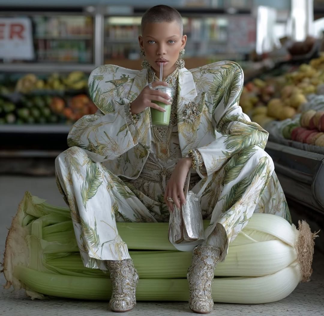 Woman in patterned suit sits on enormous celery while sipping a green smoothie inside a market surrounded by fresh produce.