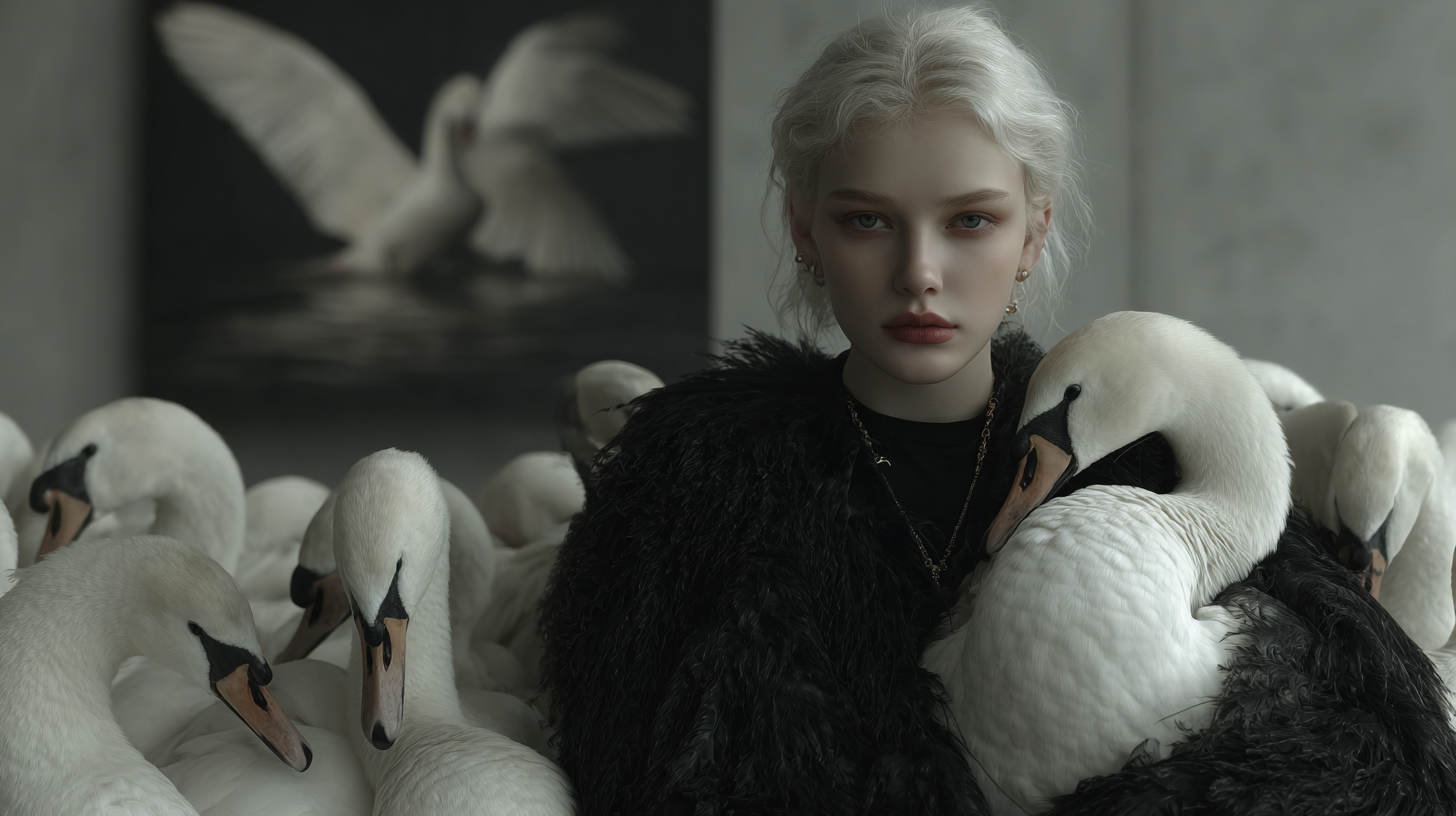 Portrait of a blonde woman wearing black with white swans, showcasing fashion, beauty, and nature elements in an indoor setting.
