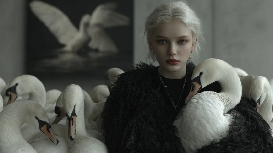 Portrait of a blonde woman wearing black with white swans, showcasing fashion, beauty, and nature elements in an indoor setting.