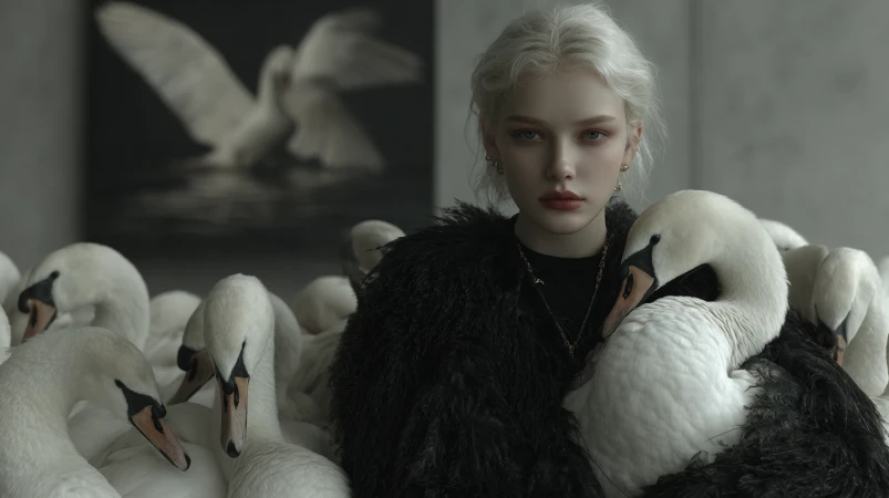 Portrait of a blonde woman wearing black with white swans, showcasing fashion, beauty, and nature elements in an indoor setting.
