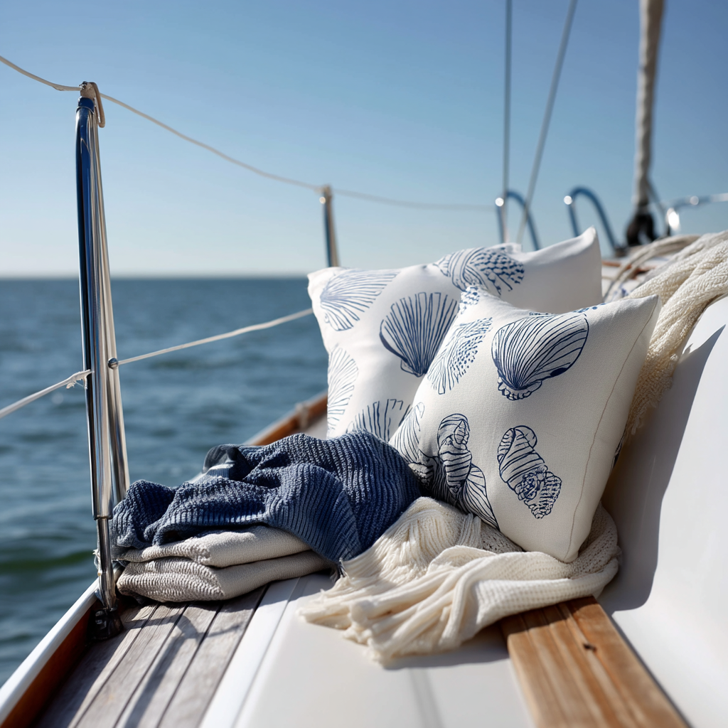 Nautical themed pillows and blankets arranged on the deck of a sailboat with the ocean and blue sky visible in the background.