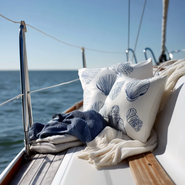 Nautical themed pillows and blankets arranged on the deck of a sailboat with the ocean and blue sky visible in the background.