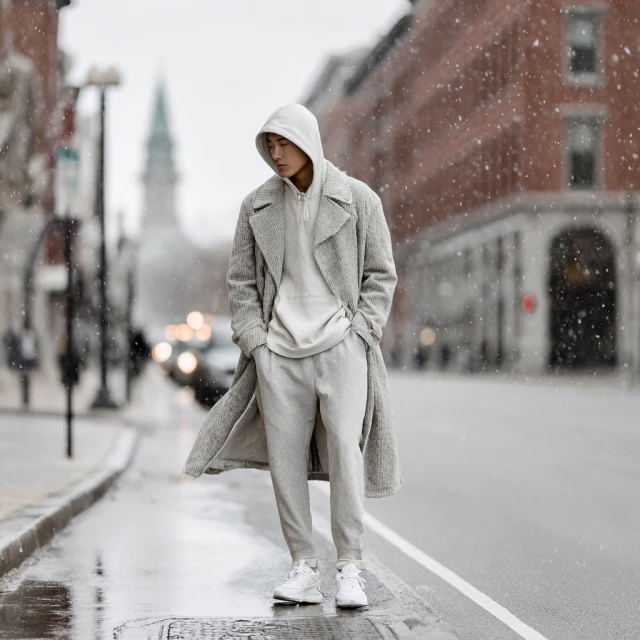 Man in hooded sweatshirt and long coat standing on city street in winter. Pedestrian on sidewalk with bare trees, buildings and snowfall.