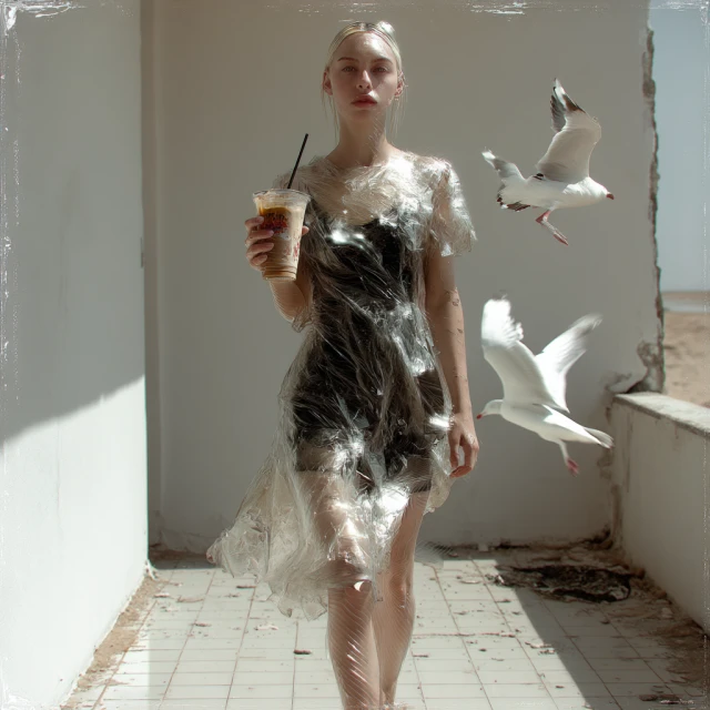 Blonde woman in plastic dress holding iced coffee, standing near beach with flying seagulls in bright outdoor setting.