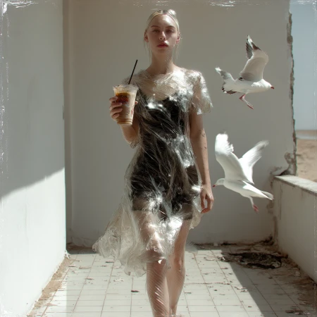 Blonde woman in plastic dress holding iced coffee, standing near beach with flying seagulls in bright outdoor setting.