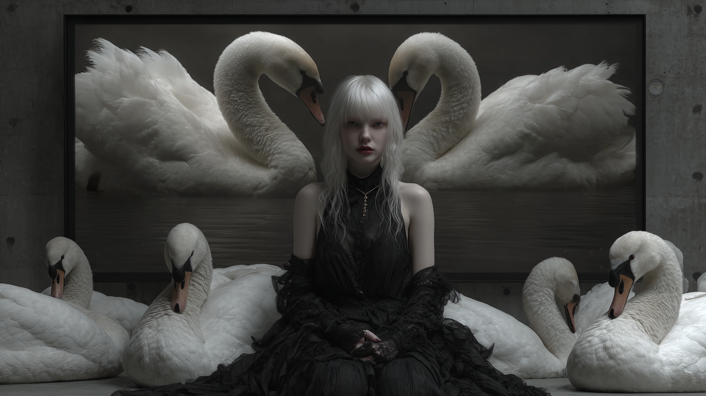 Pale-haired woman in black dress poses amidst white swans in a grey concrete setting, creating a striking fine art fashion photograph.