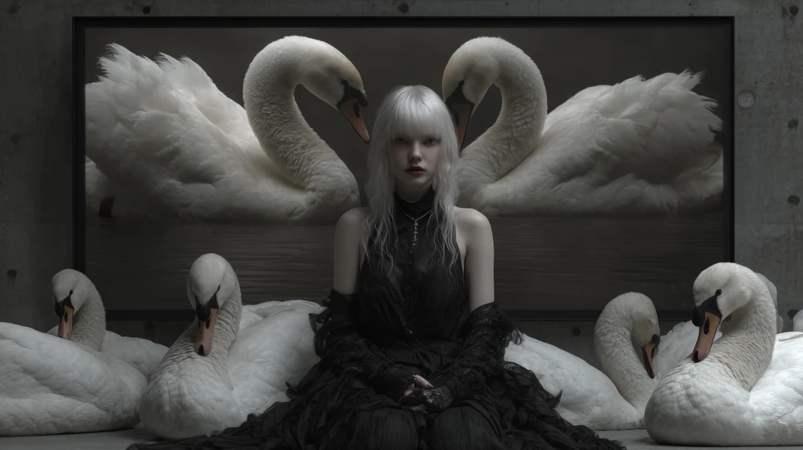 Pale-haired woman in black dress poses amidst white swans in a grey concrete setting, creating a striking fine art fashion photograph.