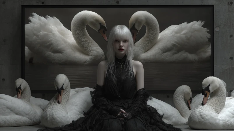 Pale-haired woman in black dress poses amidst white swans in a grey concrete setting, creating a striking fine art fashion photograph.