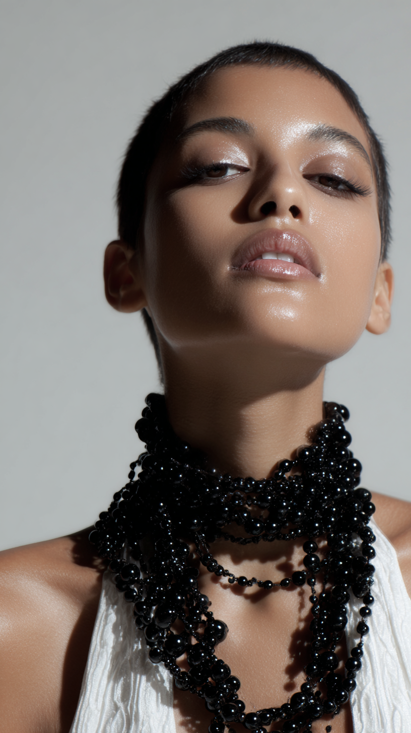 Close-up fashion shot of a young adult woman with short hair and a black beaded necklace in a photo studio with bright lighting.