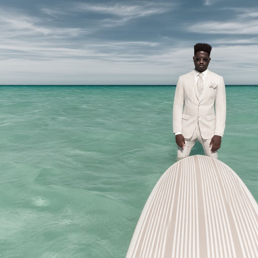 Fashionable Black man in a striped suit stands in turquoise water with a surfboard in the foreground on a cloudy day.