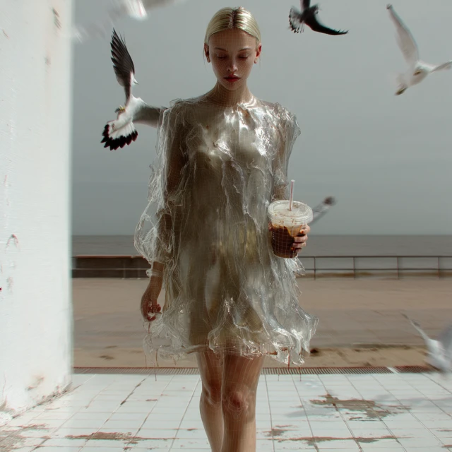 A slender woman in a translucent dress walks on a tiled terrace holding a coffee cup, surrounded by flying seagulls, and gazing downwards.