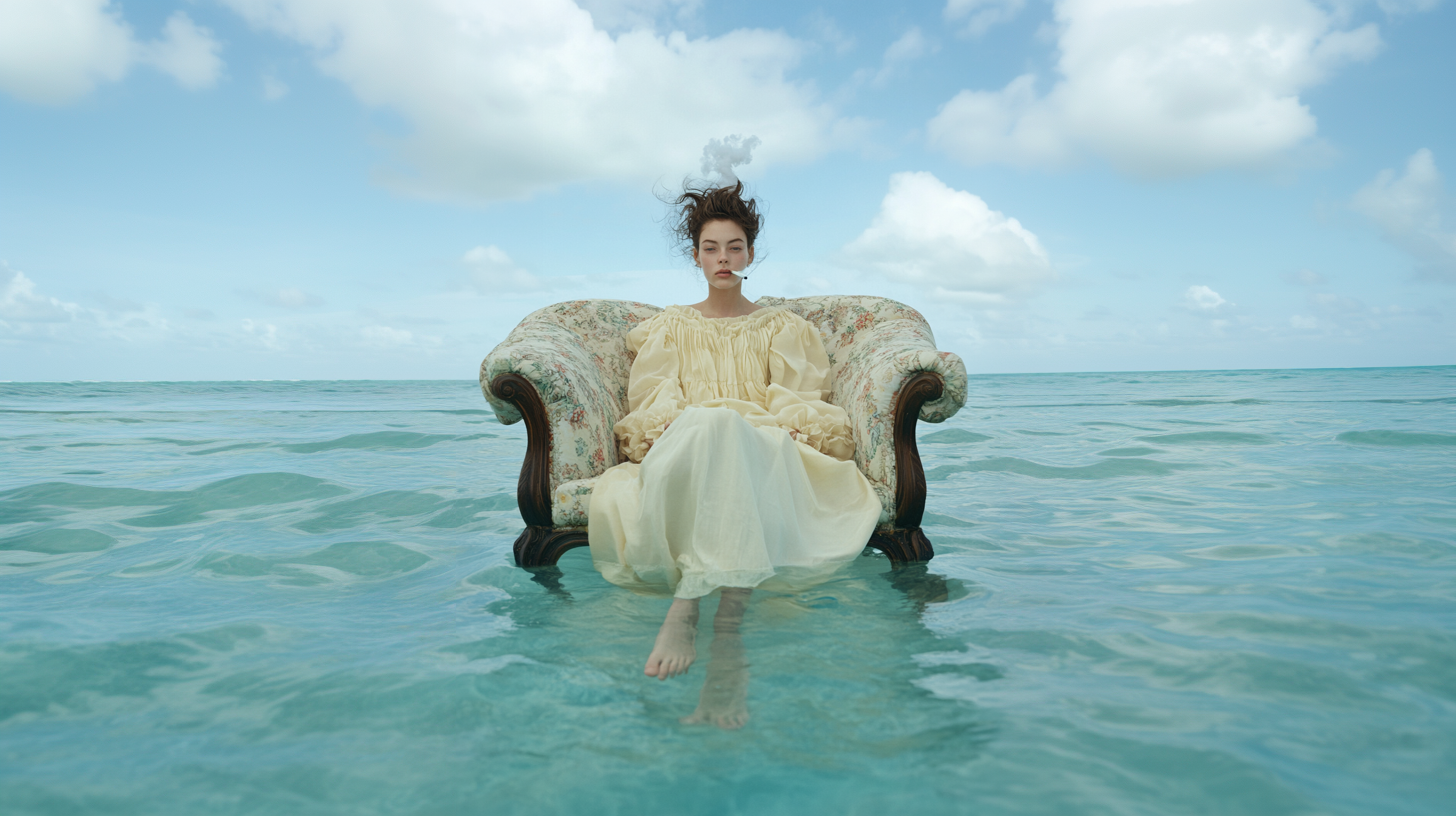 A woman in a vintage dress sits in a floral armchair in the ocean against a cloudy sky, creating a surreal and artistic visual.