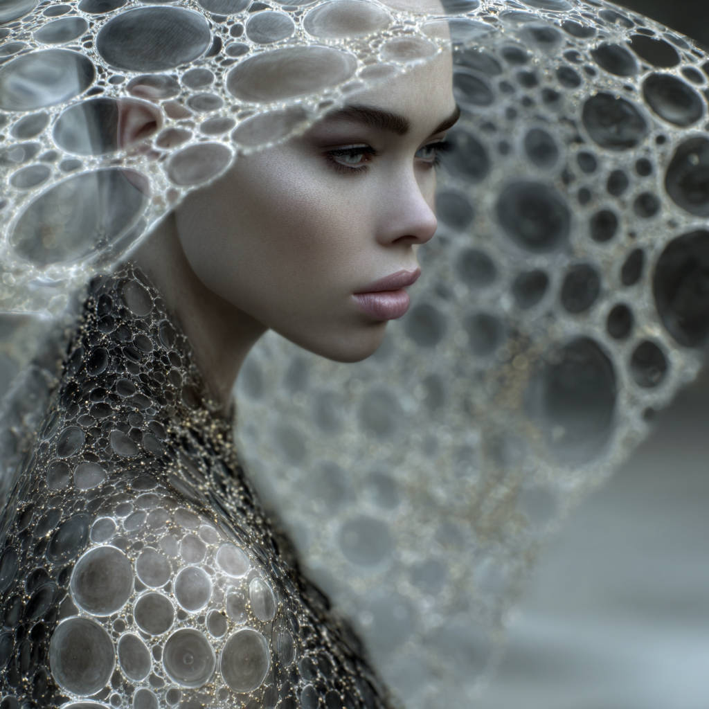 Glamorous woman poses in profile wearing a dress and head covering made of interconnected translucent circles in a studio setting.