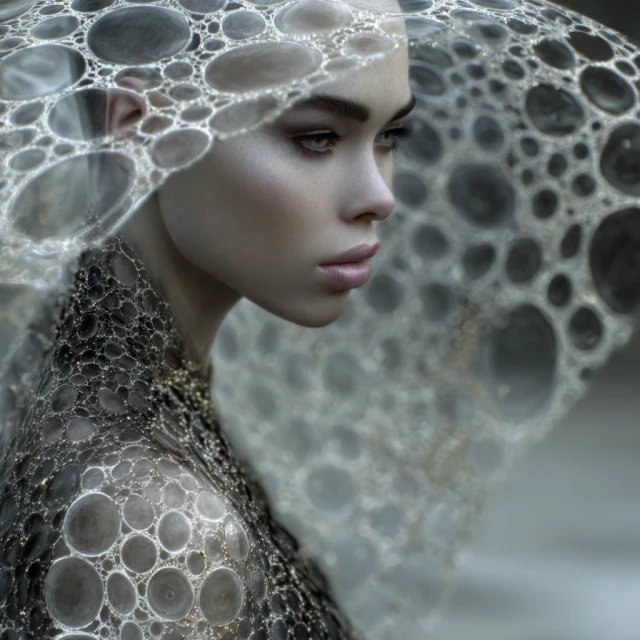 Glamorous woman poses in profile wearing a dress and head covering made of interconnected translucent circles in a studio setting.
