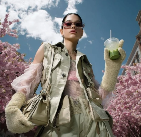 Low angle view of a young woman outdoors in fashionable outfit with pale green drink, puffy sleeves, statement jewelry, and pink cherry blossoms.