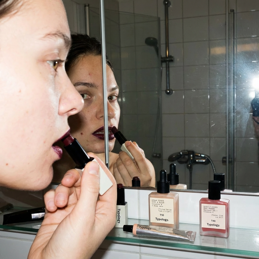 Adult woman applies dark lipstick in front of a bathroom mirror; beauty products are lined up along the sink's ledge.