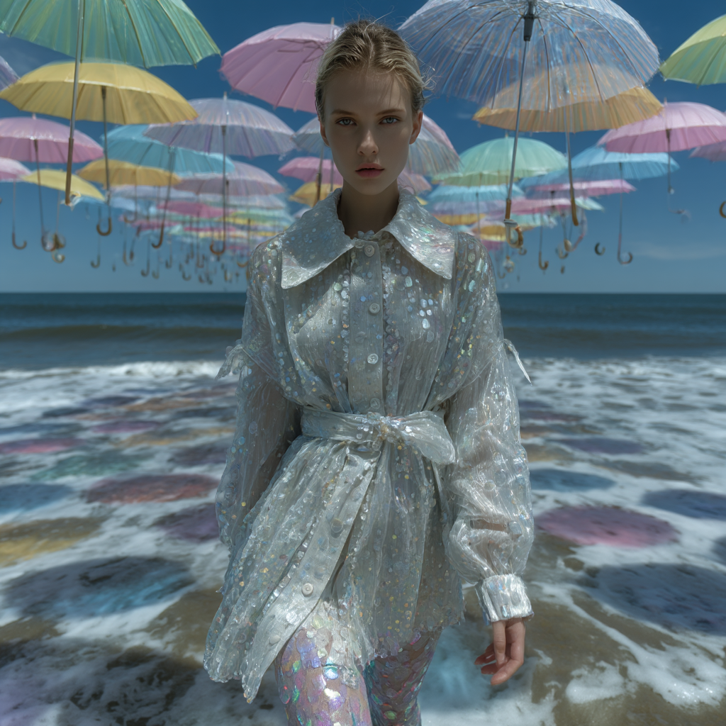 Woman in iridescent coat walks on beach with colorful umbrella installation above ocean. Fashion editorial shot. Pastel tones and bright day.