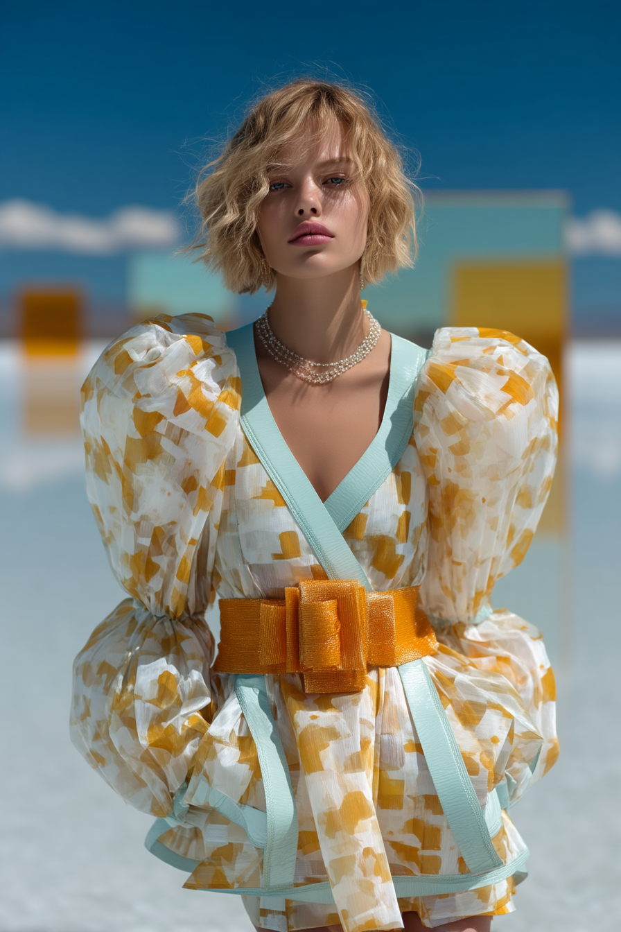 Woman in patterned, voluminous dress, set against a bright sky and mirrored cubes in a minimal fashion shot. Elegant and modern.