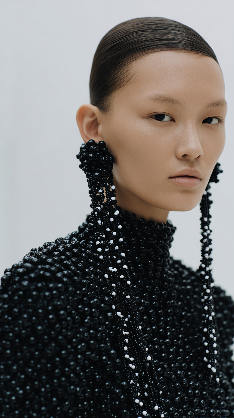 Close-up of an East Asian woman with slicked-back hair, wearing a black beaded high-neck top and long, statement beaded earrings.