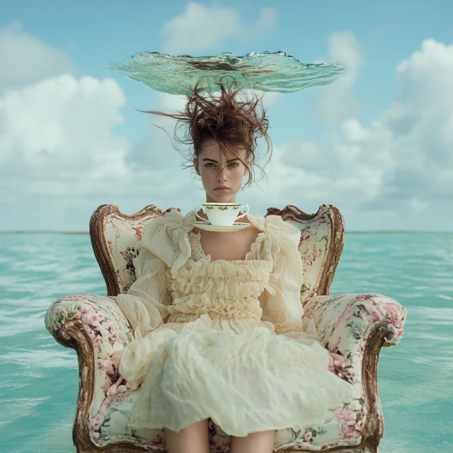 Woman in ruffled dress seated in floral armchair in ocean with teacup and saucer, water above head, blue sky with light clouds.