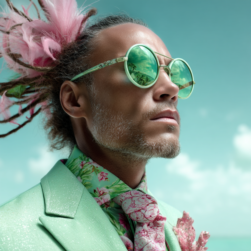Adult male poses wearing sunglasses, light green suit with floral accents, and feather headwear in a close-up shot against a blue sky.