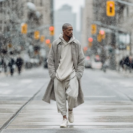 A stylish African-American man walks down a snowy city street, wearing a long grey coat, grey hoodie, sweatpants, and white sneakers.