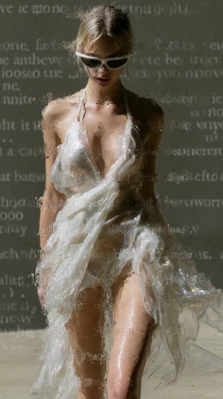 Blonde woman in semi-sheer white dress with halter top and white sunglasses standing in front of a background with blurry white text.