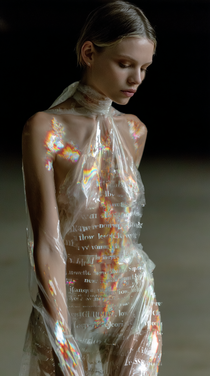 Woman poses in a transparent, text-covered dress against a dark backdrop, her expression serene and the lighting accentuating her features.