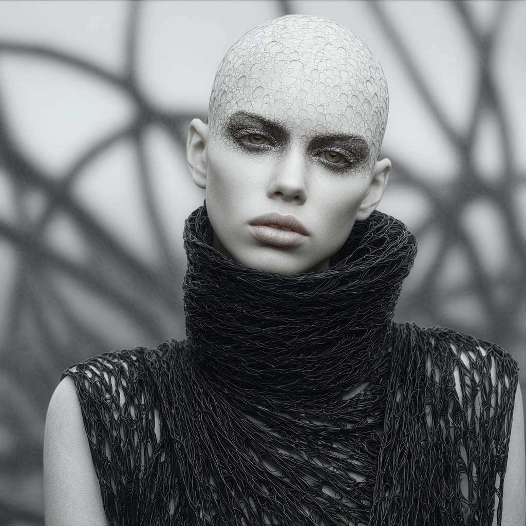 Close-up portrait of a bald woman with textured skin and dark eye makeup, wearing a black woven high-neck top against a grey background.