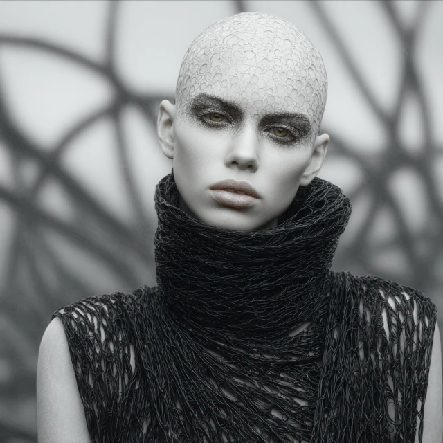 Close-up portrait of a bald woman with textured skin and dark eye makeup, wearing a black woven high-neck top against a grey background.