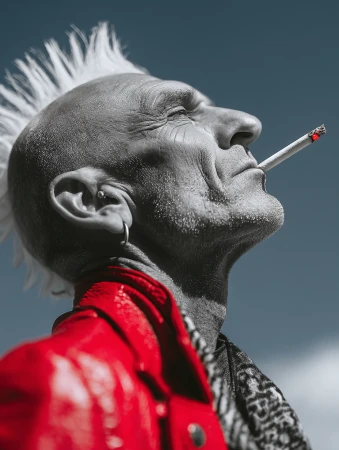Stylish older man with a mohawk and a red jacket smokes a cigarette against a blue sky. Close-up, low angle.
