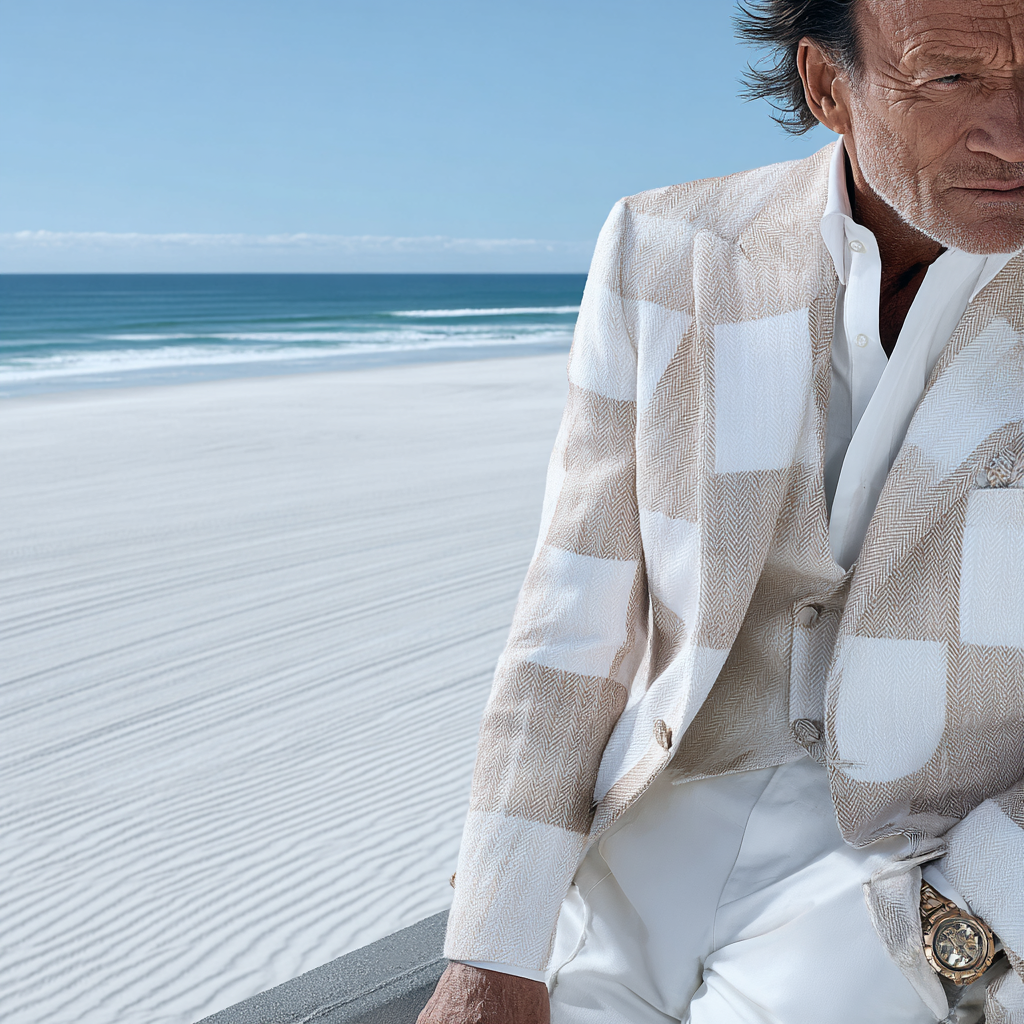 An older man in a cream-and-white patterned suit stands on a white sand beach with the ocean and blue sky in the background.